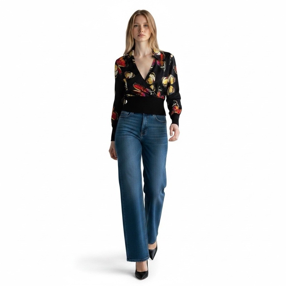 Capri Y2K Style Butterfly Print Blouse Plunging Neck Ribbed Knit Cuffs Top M